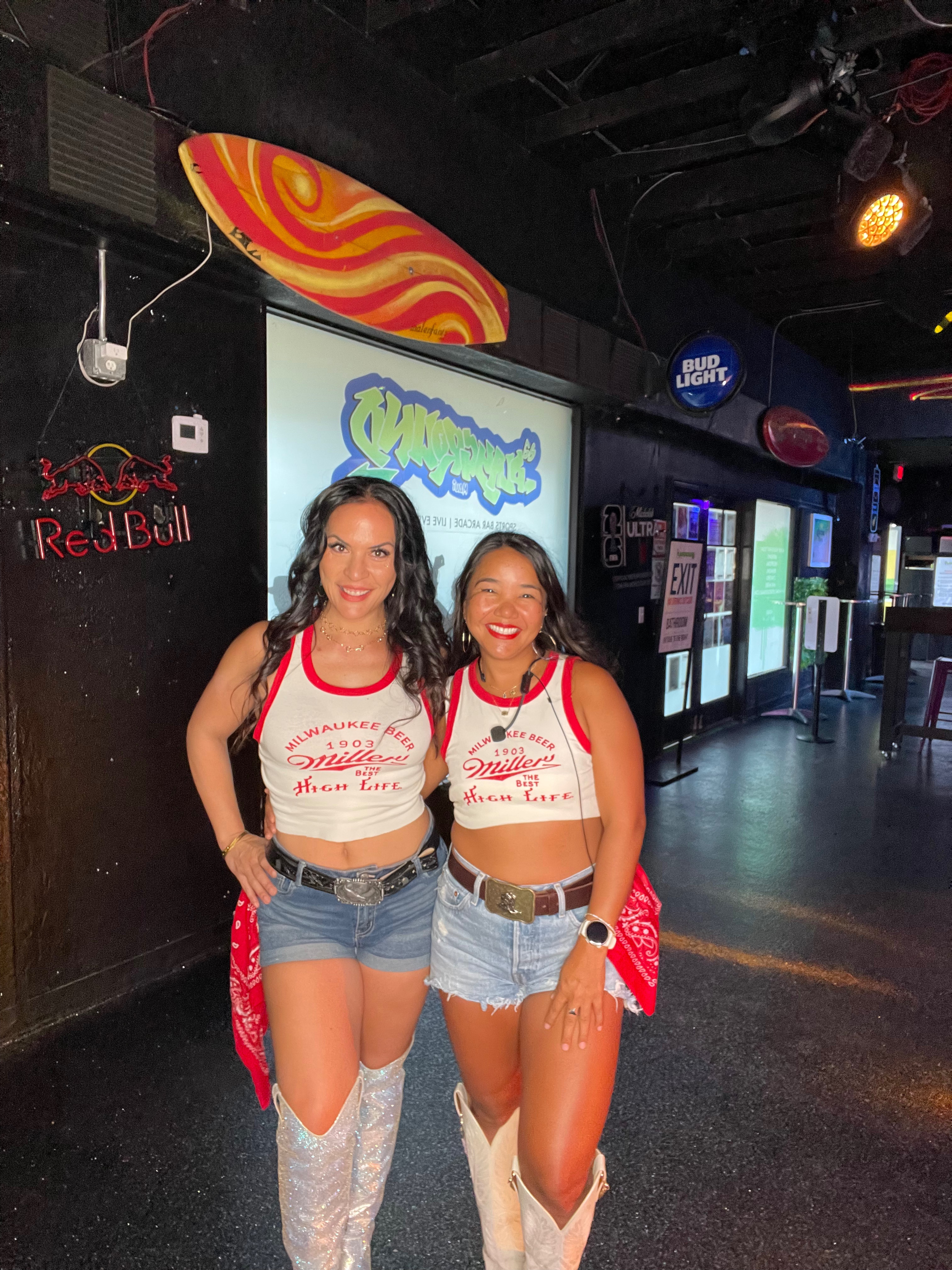 Misty and Jenean in Bootscootin Maui styling, ready for a night of line dancing